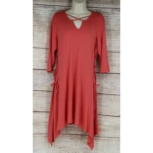 Umgee Womens Sz Small Medium Large Criss Cross 3/4 Sleeve Tunic Shirt Coral Pink